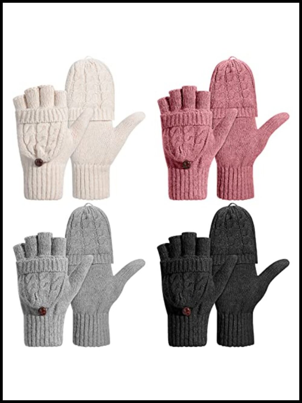 Wool Knit Convertible Fingerless Mittens Flip Top Warm Winter Gloves